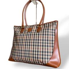 良品 DAKS ダックス チェック柄 トートバッグ 肩掛け レザー ブラウン