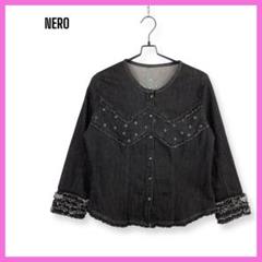 100％本物 NERO デニムジャケット シャツ ノーカラー 袖フリル 星柄 ブラック ジャケット・アウター