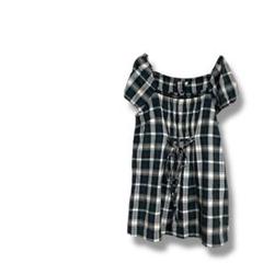 【ノーブランド】チェック　ブラウス　シャツ　半袖　ボートネック　綿　緑　M-L