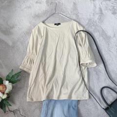 美品(M)Tシャツ/半袖/コットン100%/綿/ベージュ/ギャザー/プルオーバー