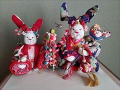 ハンドメイド チリメン、古布ぶす姫、笑猫の人形3体セット ぶすひめ、ブス姫、ぶす姫、創作人形、ちりめん、古布