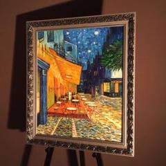 手書き油絵 ゴッホ 夜のカフェテラス 額付 絵画 インテリア