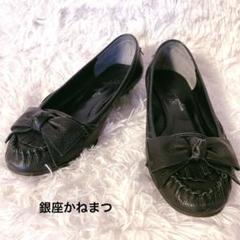 【美品】銀座かねまつ　レザー ローファー 黒　23.5㎝ 銀座かねまつ 黒いレザー ローファー リボン付き 24.0 - メルカリ