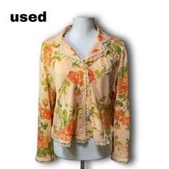 2419★【used】　美品　カーディガン　花柄　オレンジ　レース　伸縮性
