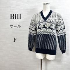 ★美品 セーター　ジャガード編み　Vネック　毛混　ネイビー　鹿