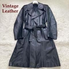 90s✨ レザートレンチコート 本革 ロング丈 ダブル 黒 大きい