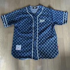 【超人気】希少XL MOBB モブ 総柄 刺繍ロゴ デニム ベースボールシャツ 超人気】希少XL MOBB モブ 総柄 刺繍ロゴ デニム ベースボール