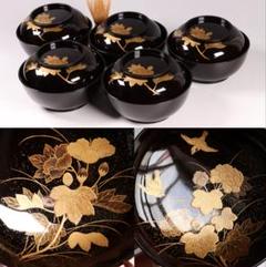 CL82 時代 加賀蒔絵 花鳥金蒔絵 黒塗椀 五客 雀 芙蓉 牡丹 梨地 研出 CL82 時代 加賀蒔絵 花鳥金蒔絵 黒塗椀 五客 雀 芙蓉 牡丹 梨地