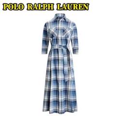 現行 ポロラルフローレン ロングシャツワンピース チェック柄 七分袖 ベルト 4