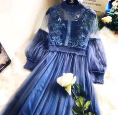 姫系 甘ロリ ロリータ KERA系 シースルーチュールワンピース ブルー 青