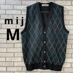 m i j メンズニットベスト セーター ダイヤ柄 ネイビー M 紺 ボタン