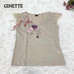 a.1529【ジネット】半袖Tシャツ レース袖 刺繍 M 日本製 リボン 花