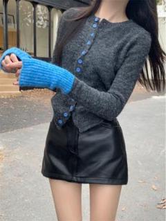 可愛いタイトな春ニットトップス♡切返しワンポイントデート用