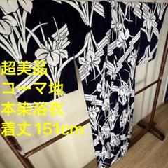 超美品　綿　コーマ地　本染浴衣　浴衣 着物　夏物　151cm トール　紺　菖蒲