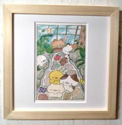 手作り額付き絵画　title「はるうららニャンコ」 手作り額付き 水彩原画 title「ねこたちの夏休み〜蝶々を見に来