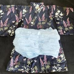 ベビー浴衣セット 紺色ワンピース水色帯 90cm～100cm ラポシェビスキュイ