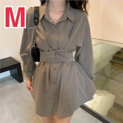 ミニ丈 シャツワンピース ♡ シンプル 上品 ♡ カーキ 洗練【M】e