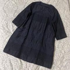 【イッセイミヤケ】HaaT 紺色　ボーダー五分袖　前開き 安い購入 イッセイミヤケ】HaaT 紺色ボーダー五分袖前開き