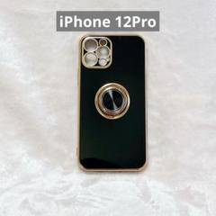 iPhone 12 Pro ケース リング スマホケース メッキ加工 ブラック
