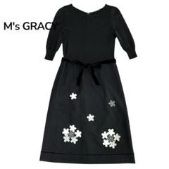 美品⭐︎M'S GRACY ロングワンピース　ベロア　腰紐　花型モチーフ黒　40