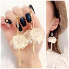 896 シフォンフラワー バブルパール ゴールドチェーンピアス お洒落 華やか