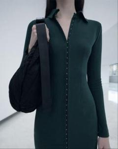 ZARA ダークグリーン 長袖 シャツワンピース