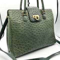 【美品】オーストリッチ 2way ハンドバッグ 金具 グリーン A4可能