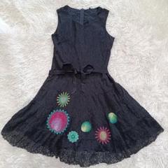 デシグアル ワンピース レース刺繍ワンピース 花柄 黒 リボン フレア