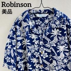 美品　ロビンソン　アロハシャツ　リーフ×ハイビスカス柄　レーヨン　M　ネイビー