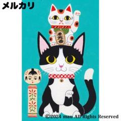 原画「猫の頭に招き猫とこけし〜ハチワレ猫」イラスト/アート/絵画/猫/縁起物