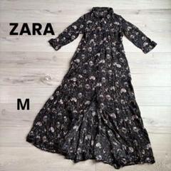 【ZARA】ワンピース はおり 総柄 Aライン Mサイズ 黒 花柄 七分丈　ザラ
