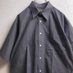 古着 レトロ シャツ 総柄 チェック 柄シャツ ネイビー 紺 メンズ 半袖