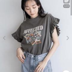 古着　プリント　デザイン　tシャツ フリル　リメイク　袖太 リメイク❣フリル袖プリントTシャツ半袖ショート丈ブラック
