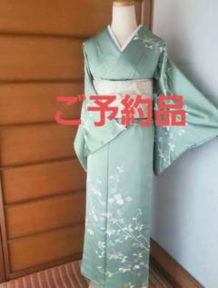 【美品＊】白緑の訪問着　オリエンタル　草花紋　綸子　正絹 美品＊】白緑の訪問着 オリエンタル 草花紋 綸子 正絹 - メルカリ