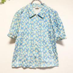 INLY チェック柄 花柄 総柄 半袖ブラウス カットソー マーガレット ブルー