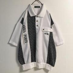 古着 刺繍 楊柳 リブ襟 ハーフボタン プルオーバーシャツ 半袖メンズL 白 黒