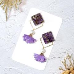 ピアス　イヤリング　天然石アメジスト淡水パール　フラワータッセル①　ハンドメイド