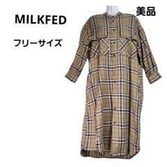 ミルクフェド バックロゴバンドカラー チェック ロングシャツワンピース フリー