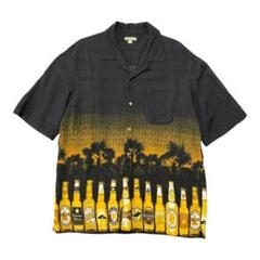 古着 レーヨン 開襟 アロハシャツ ハワイアンシャツ ビール 瓶柄 ブラック
