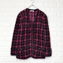 ジョコンダ【M】黒×桃色 千鳥柄 ニットジャケット ポケット フェミニン 秋冬