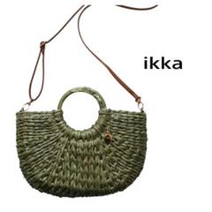 美品 ikka イッカ 編み込みかごバッグ オリーブグリーン