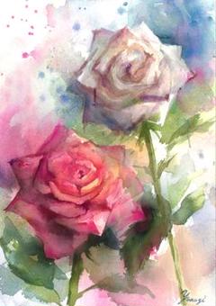 水彩画　バラ　原画　　額縁入り 水彩画】原画「小さな薔薇」220×160 mm #花 #薔薇 絵画