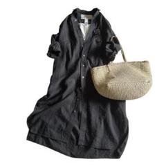 1893A美品 ティッカ リネン100%ワイドシャツワンピース ロングオリーブ 1893A美品 ティッカ リネン100%ワイドシャツワンピース ロング