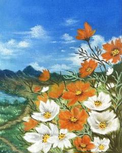コスモスの花オレンジと白 パステル画 アクリル画 原画のサムネイル