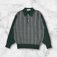 90's vintage ニットポロシャツ 長袖 チェック 緑 カジュアル 古着