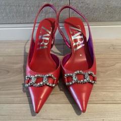 ZARA 赤 ヒール パンプス 36 23センチ ビジュー ザラ パーティ