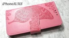 iPhoneX/XS 用 スマホ ケース 手帳 型 蝶 花柄 ピンク