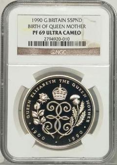 1990 クイーン・マザー 生誕90周年 5ポンド 銀貨 NGC PF69UC