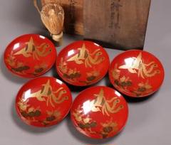CM243】時代木製漆器 桐鳳凰・菊 金蒔絵 朱塗 引盃 五客 木製