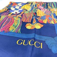 GUCCI グッチ シルク スカーフ タッセル マルチカラー ブルー ネイビー GUCCI グッチ シルク スカーフ タッセル マルチカラー ブルー